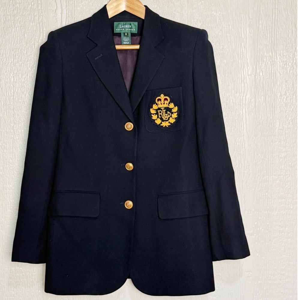 Lauren Ralph Lauren Navy Blue Wool Crest Blazer Gold Buttons Made in USA 6
